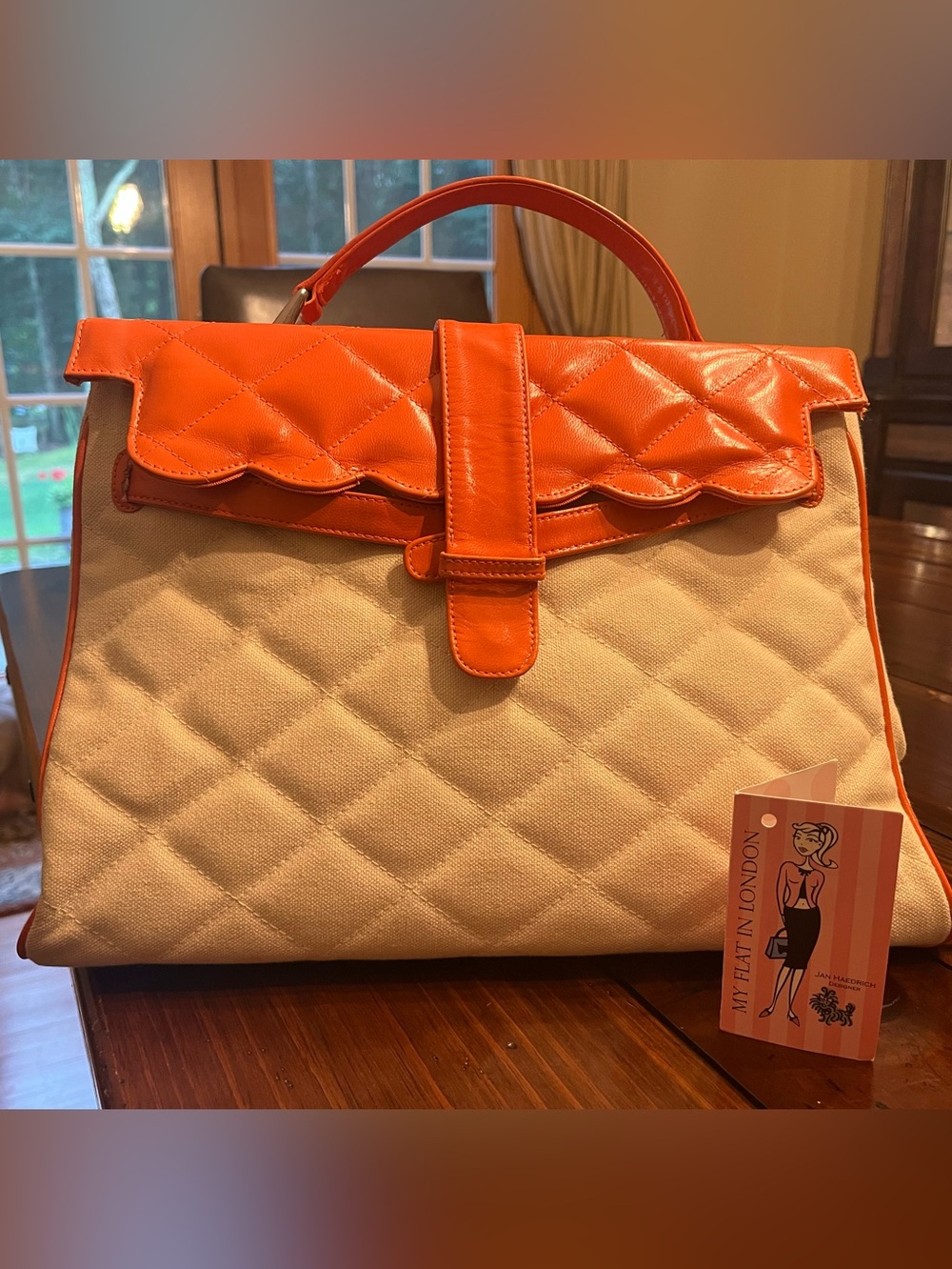 My Flat in London Quilted Cream Canvas Tote with Orange Leather Trim